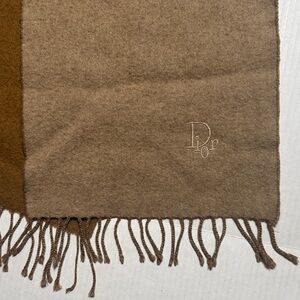 CHRISTIAN DIOR Vintage Scarf Embroidered Logo Neutral Tan Brown Fringe 48" x 11"
